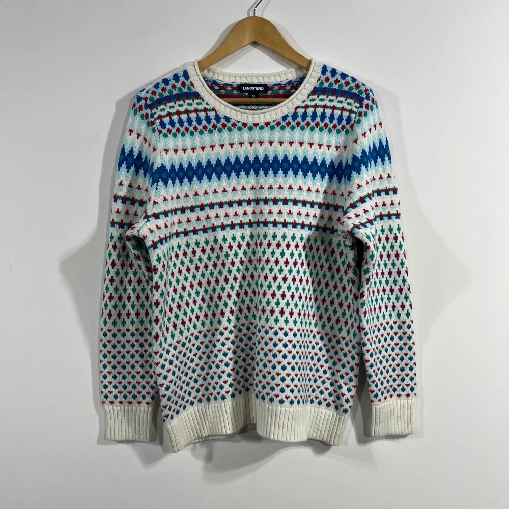 Lands End Fair Isle Crew Neck Sweater Cotton Wool Blend Women XL Multi Color Ski - Picture 1 of 9